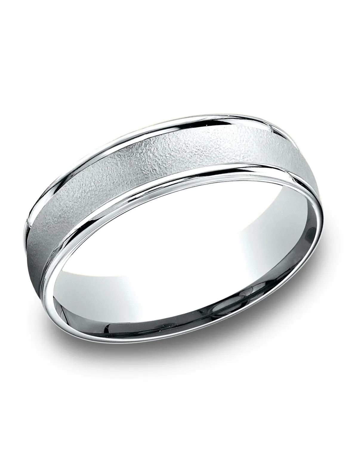 Benchmark 14k White Gold 6.5mm Comfort-Fit Wired-Finished, Polished Round Edge Carved Design Band