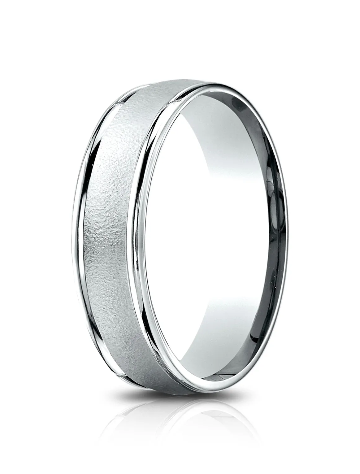 Benchmark 14k White Gold 6.5mm Comfort-Fit Wired-Finished, Polished Round Edge Carved Design Band