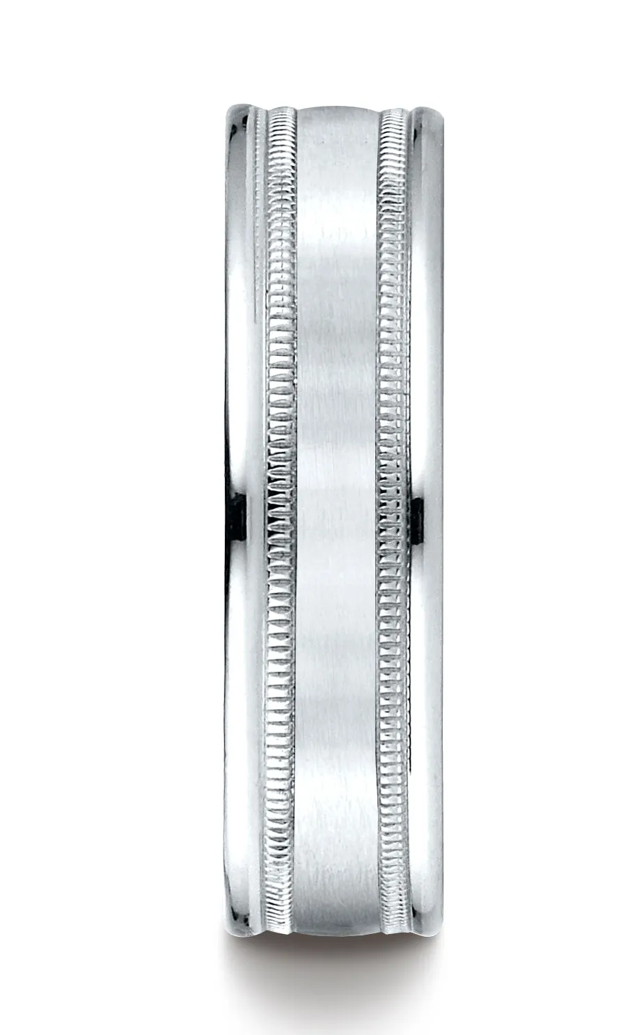 Benchmark 14K White Gold 6mm Comfort-Fit Satin Finish Center with Milgrain Round Edge Carved Design Ring