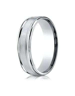 Benchmark 14K White Gold 6mm Comfort-Fit Satin Finish Center with Milgrain Round Edge Carved Design Ring