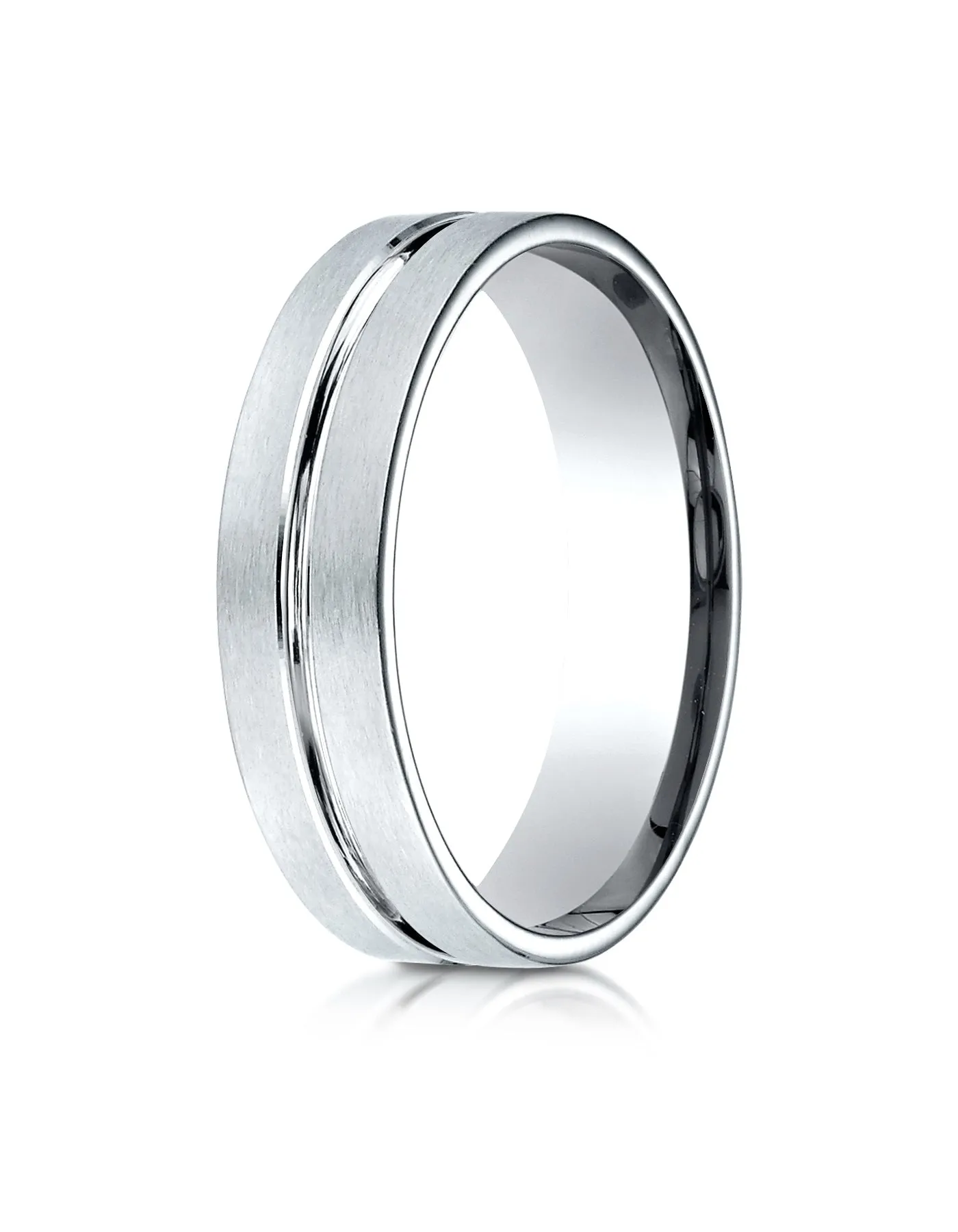 Benchmark 14K White Gold 6mm Comfort-Fit Satin-Finished with High Polished Center Cut Carved Design Ring