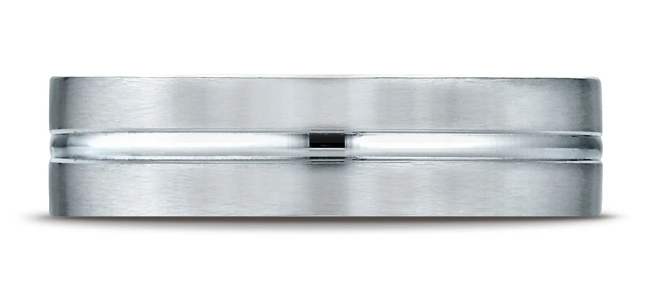 Benchmark 14K White Gold 6mm Comfort-Fit Satin-Finished with High Polished Center Cut Carved Design Ring