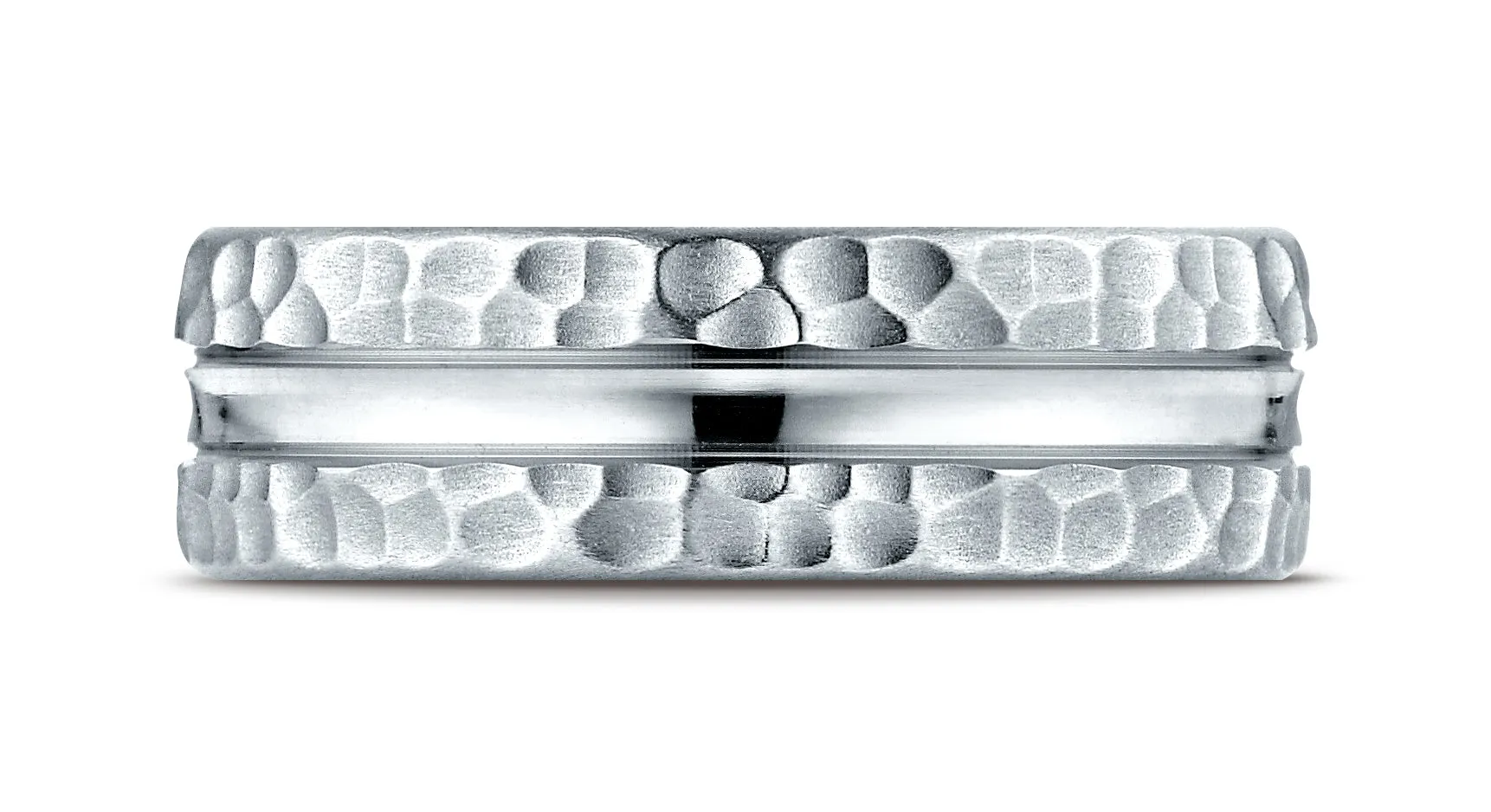 Benchmark 14K White Gold 7.5mm Comfort-Fit Hammered Finish Center Cut Design Wedding Band Ring