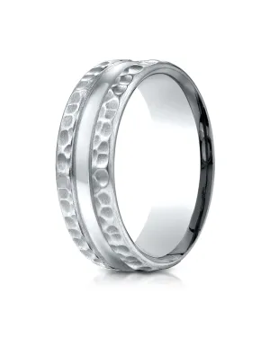 Benchmark 14K White Gold 7.5mm Comfort-Fit Hammered Finish Center Cut Design Wedding Band Ring