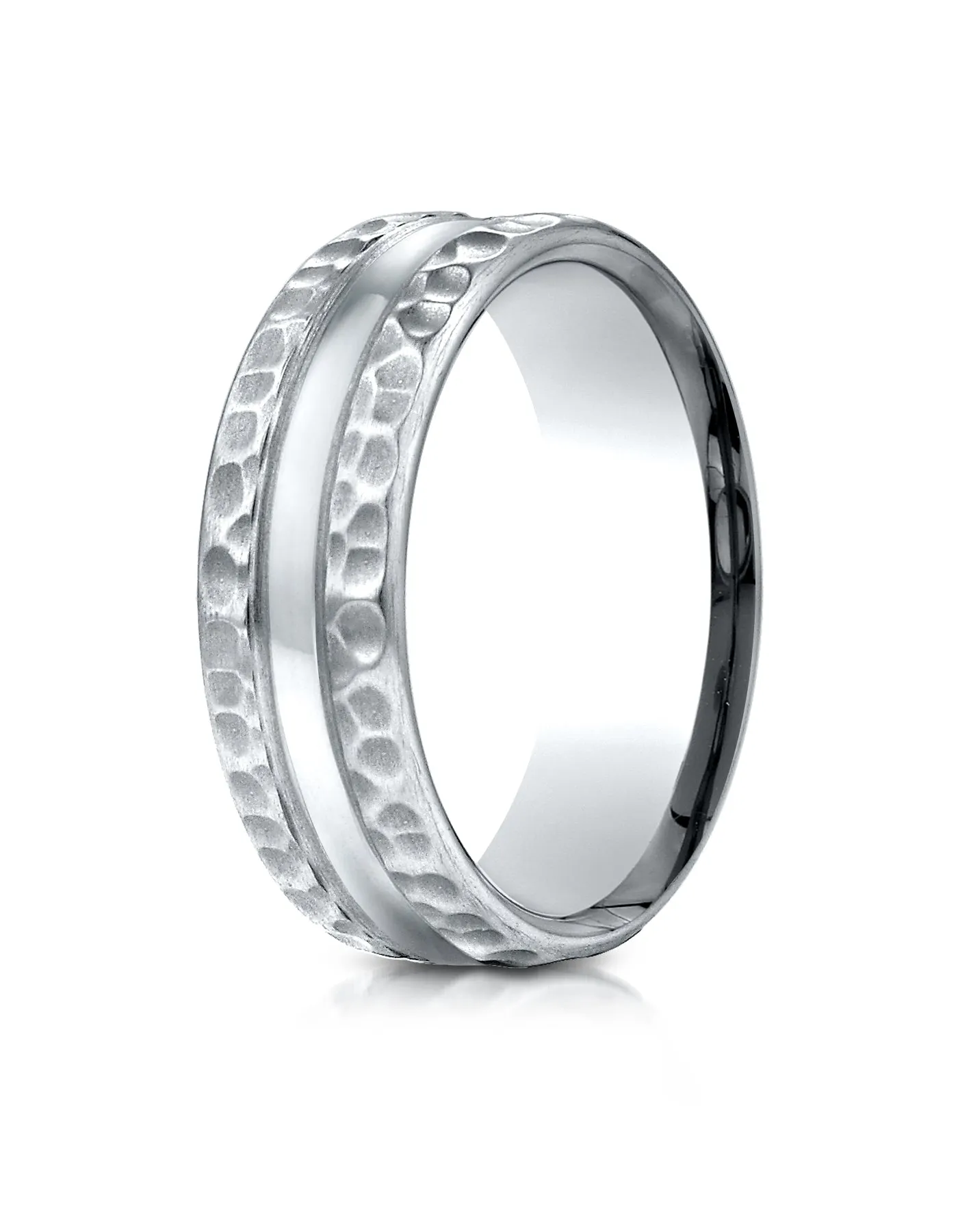 Benchmark 14K White Gold 7.5mm Comfort-Fit Hammered Finish Center Cut Design Wedding Band Ring