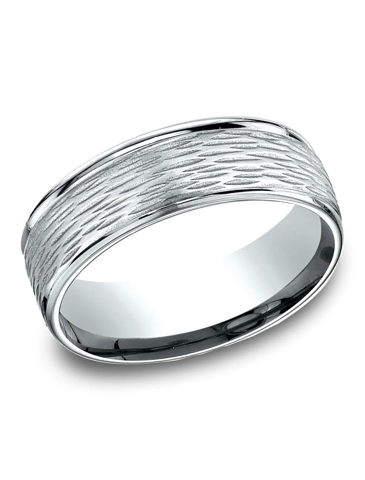 Benchmark 14K White Gold 7.5mm Comfort-Fit Round Edge Birch Bark Center, (Size 4-14)
