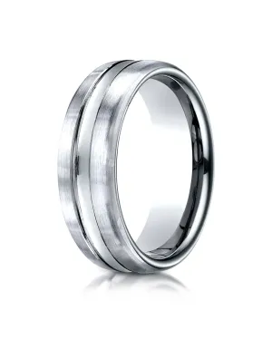 Benchmark 14K White Gold 7.5mm Comfort-Fit Satin-Finished High Polished Center Cut Carved Design Ring