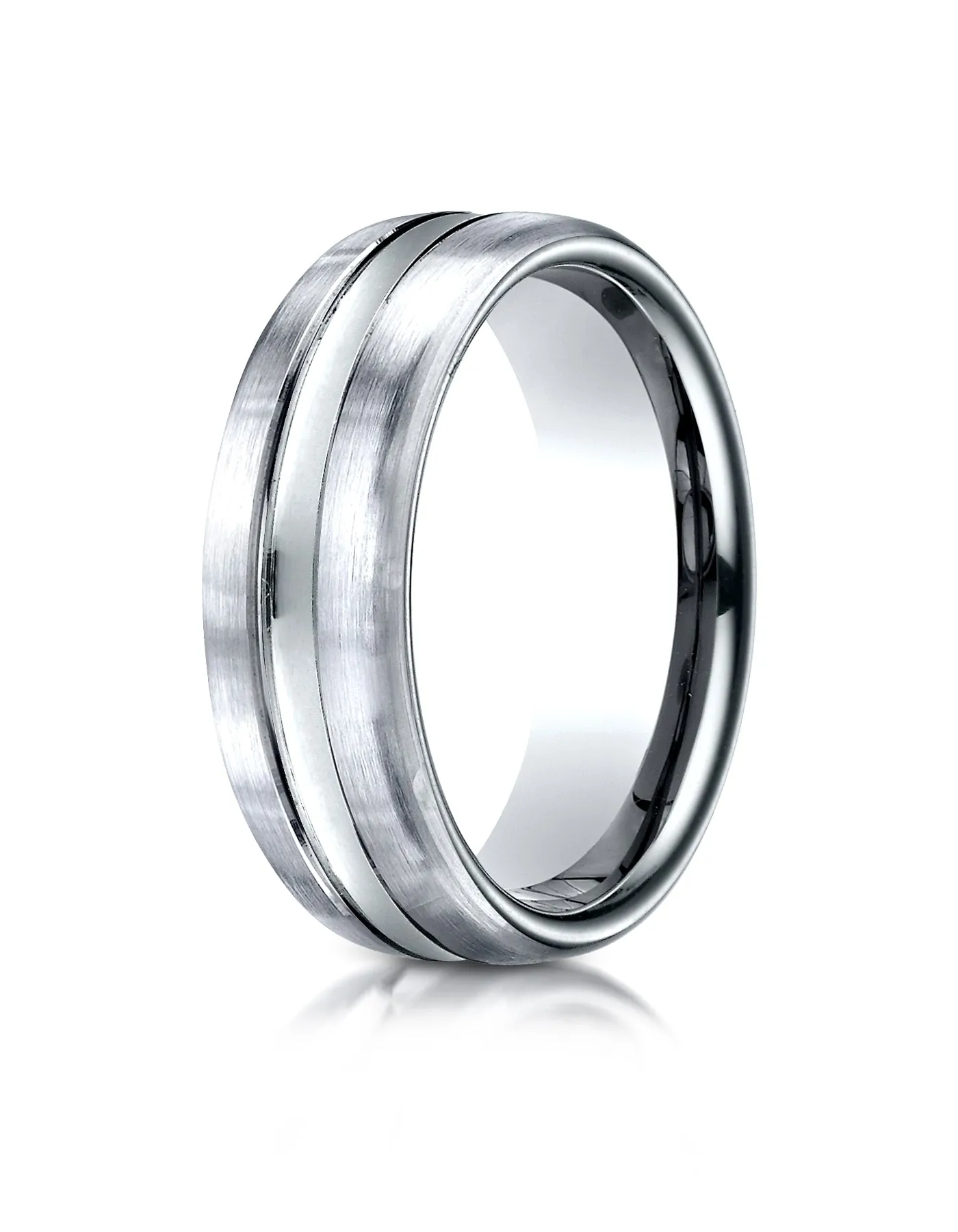 Benchmark 14K White Gold 7.5mm Comfort-Fit Satin-Finished High Polished Center Cut Carved Design Ring