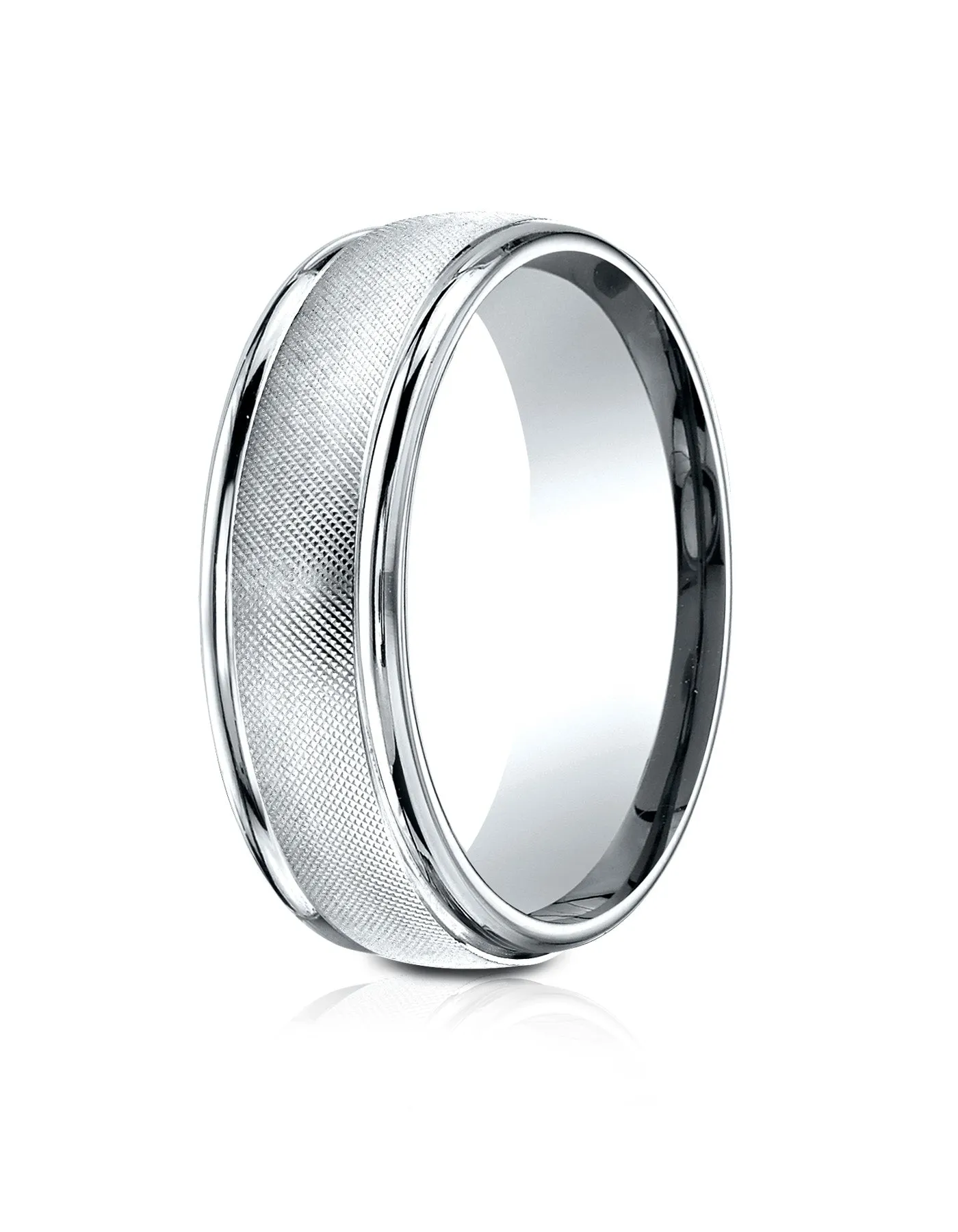 Benchmark 14k White Gold 7mm Comfort-Fit Florentine Center High Polish Round Edge Design Band, (4-15)
