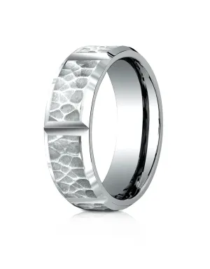 Benchmark 14k White Gold 7mm Comfort-Fit Hammered Finish Grooved Carved Design Band, (Sizes 4-15)