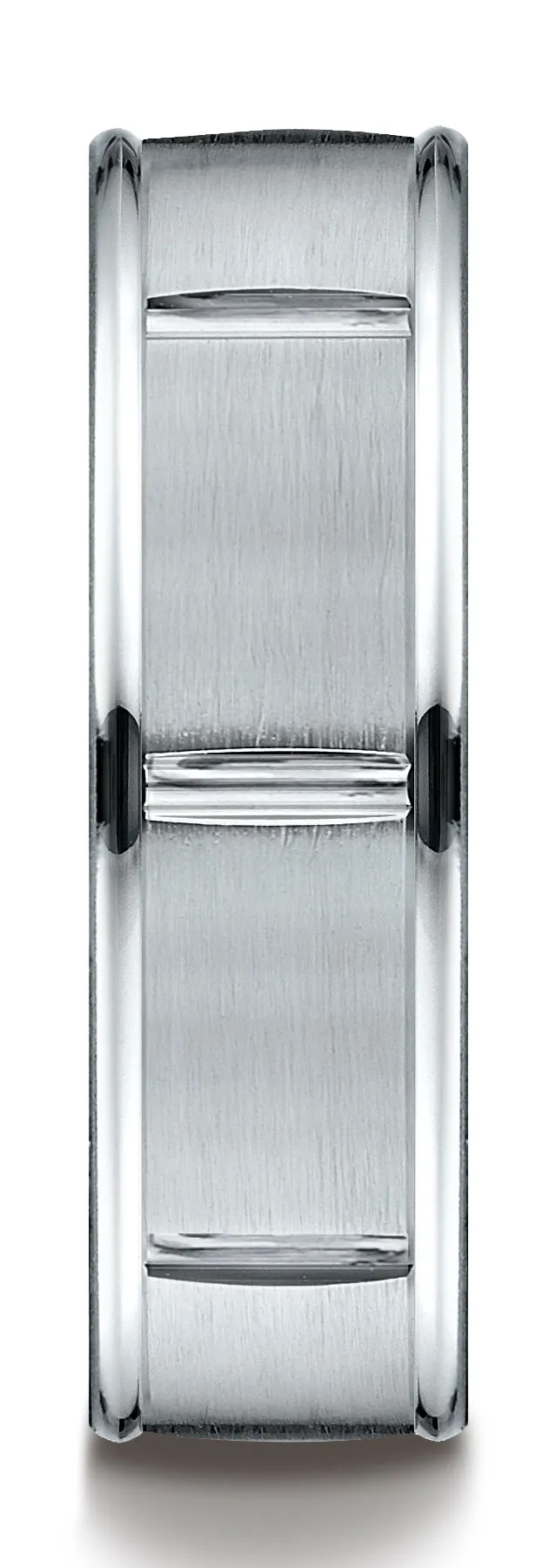 Benchmark 14k White Gold 7mm Comfort-Fit Satin-Finish 8 Center Cuts & Round Edge Carved Design Band,(4-15)
