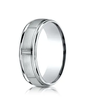 Benchmark 14k White Gold 7mm Comfort-Fit Satin-Finish 8 Center Cuts & Round Edge Carved Design Band,(4-15)