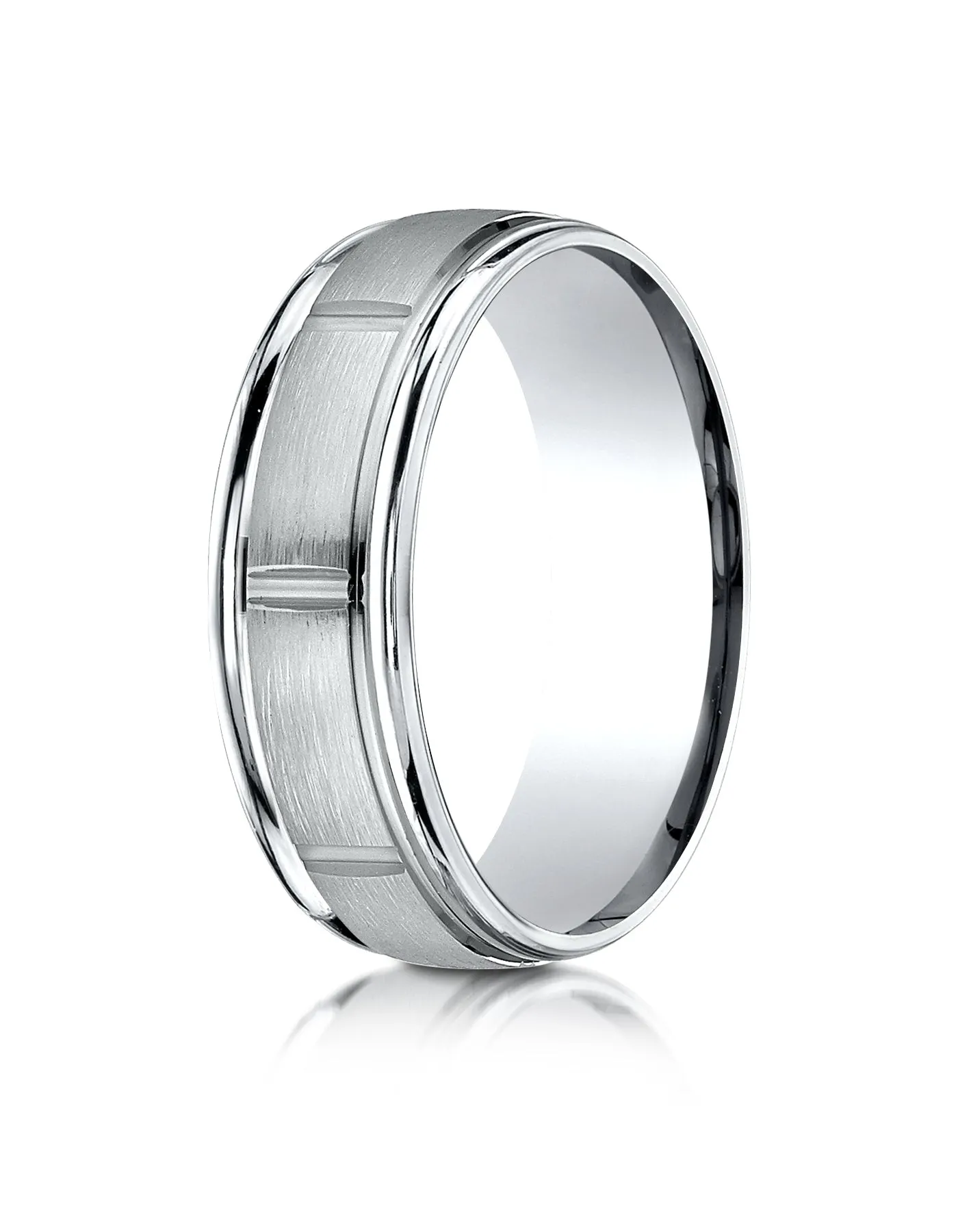 Benchmark 14k White Gold 7mm Comfort-Fit Satin-Finish 8 Center Cuts & Round Edge Carved Design Band,(4-15)