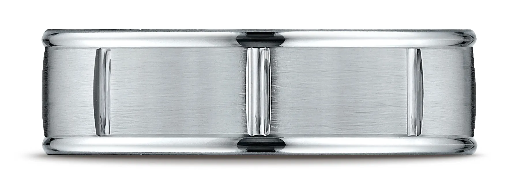 Benchmark 14k White Gold 7mm Comfort-Fit Satin-Finish 8 Center Cuts & Round Edge Carved Design Band,(4-15)