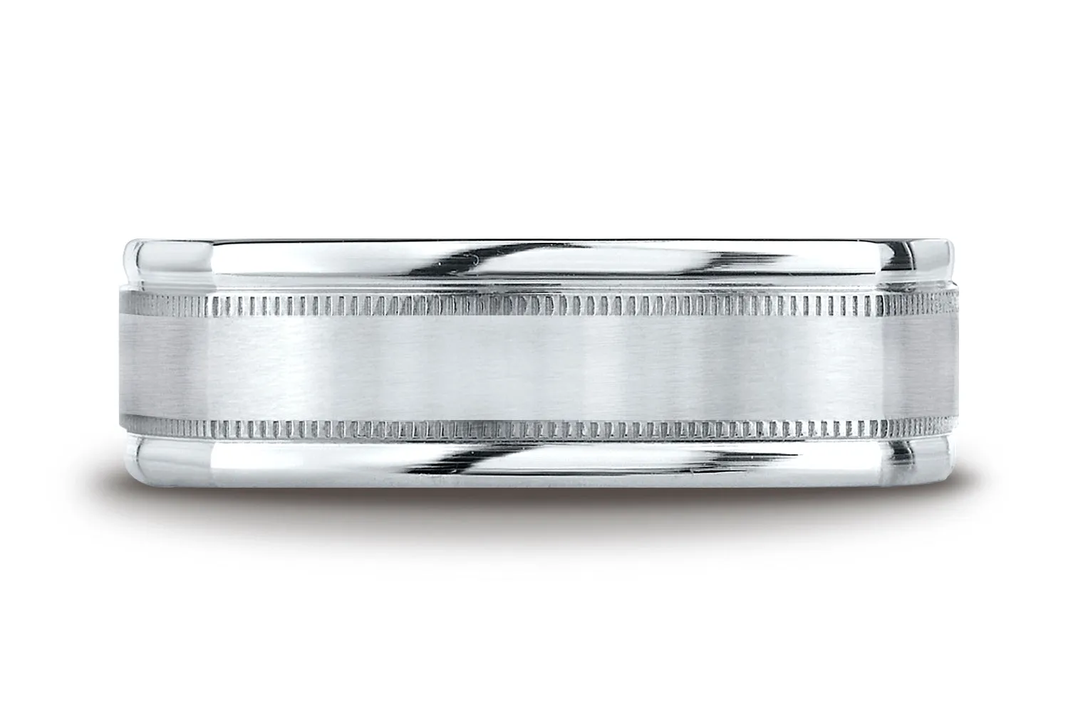 Benchmark 14K White Gold 7mm Comfort-Fit with Milgrain Four-Sided Carved Design Wedding Band Ring