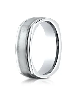 Benchmark 14K White Gold 7mm Comfort-Fit with Milgrain Four-Sided Carved Design Wedding Band Ring
