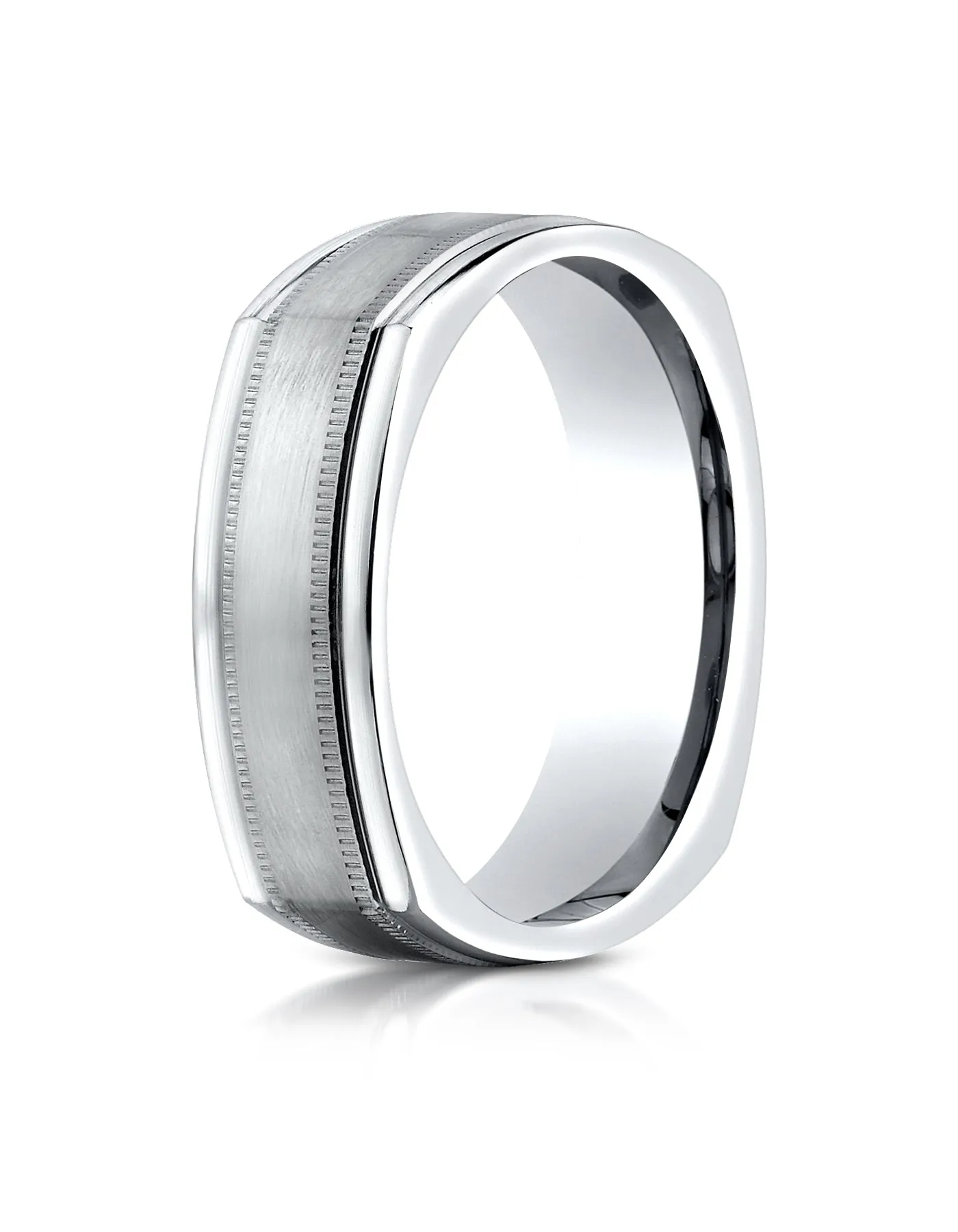 Benchmark 14K White Gold 7mm Comfort-Fit with Milgrain Four-Sided Carved Design Wedding Band Ring