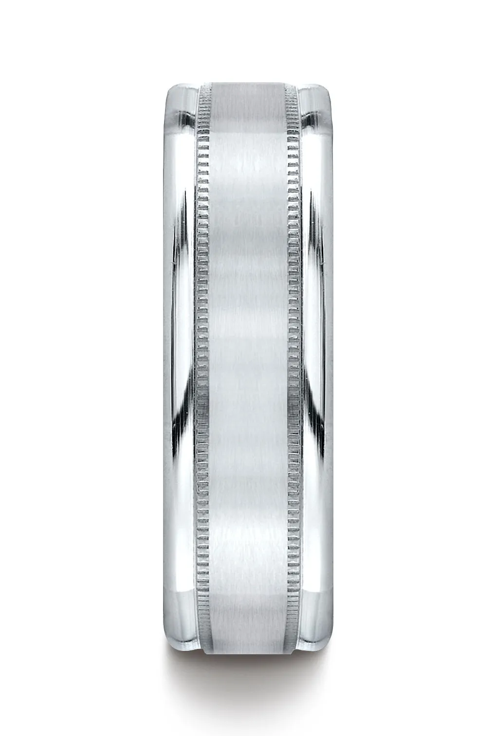 Benchmark 14K White Gold 7mm Comfort-Fit with Milgrain Four-Sided Carved Design Wedding Band Ring