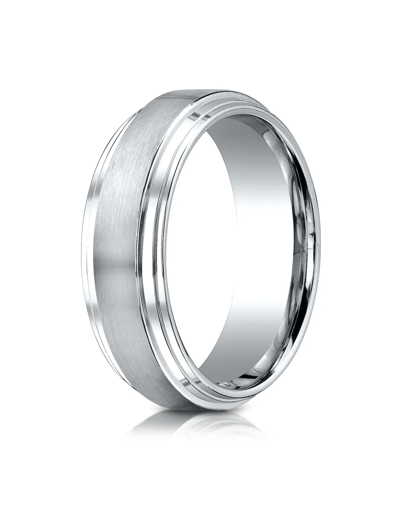 Benchmark 14k White Gold 8mm Comfort-Fit Satin-Finished Step Edge Carved Design Band, (Sizes 4-15)