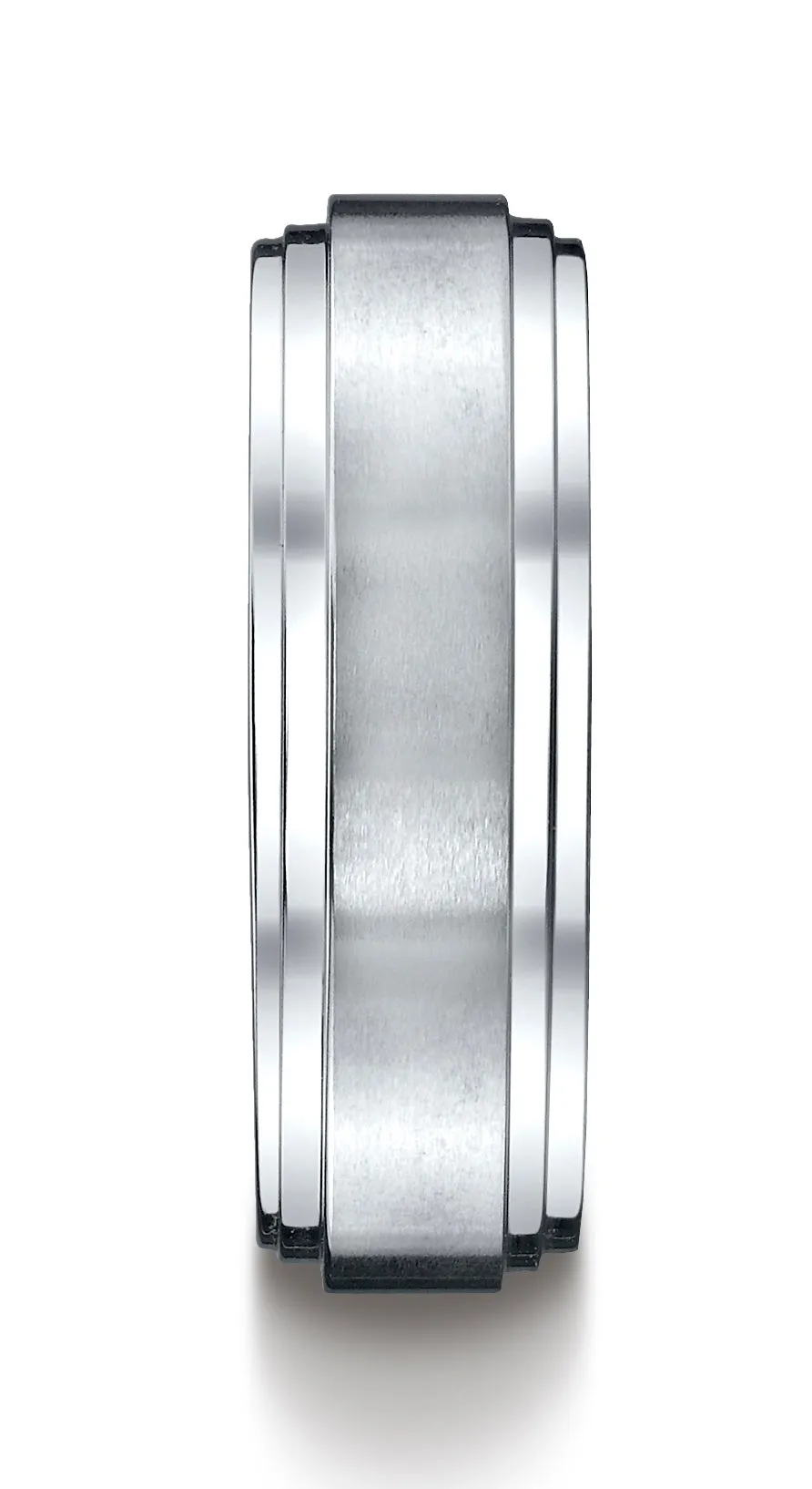 Benchmark 14k White Gold 8mm Comfort-Fit Satin-Finished Step Edge Carved Design Band, (Sizes 4-15)