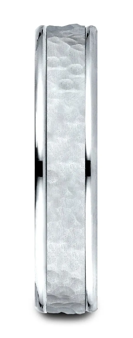 Benchmark 14k White Gold Comfort Fit 4mm High Polish Edge Hammered Center Design Band, (Size 6-13)