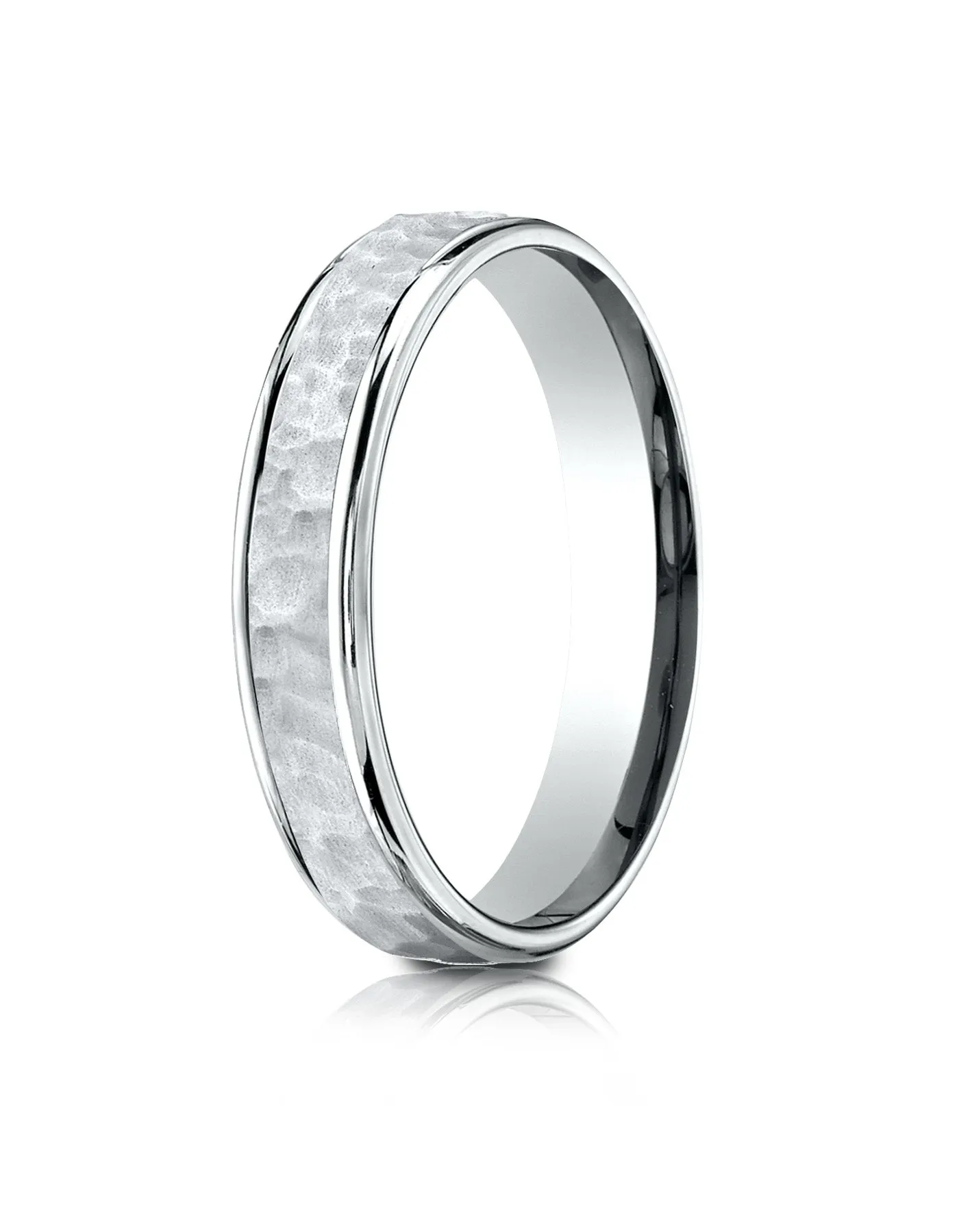 Benchmark 14k White Gold Comfort Fit 4mm High Polish Edge Hammered Center Design Band, (Size 6-13)