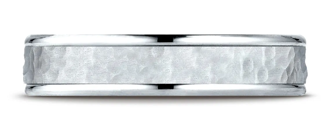 Benchmark 14k White Gold Comfort Fit 4mm High Polish Edge Hammered Center Design Band, (Size 6-13)