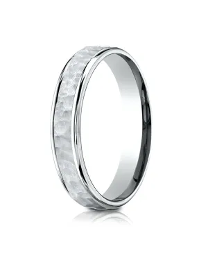 Benchmark 14k White Gold Comfort Fit 4mm High Polish Edge Hammered Center Design Band, (Size 6-13)
