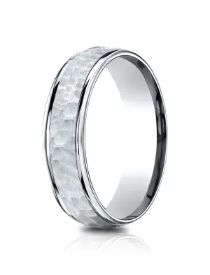 Benchmark 14k White Gold Comfort-Fit 6.5mm High Polish Edge Hammered Center Design Band, (Size 4-14)