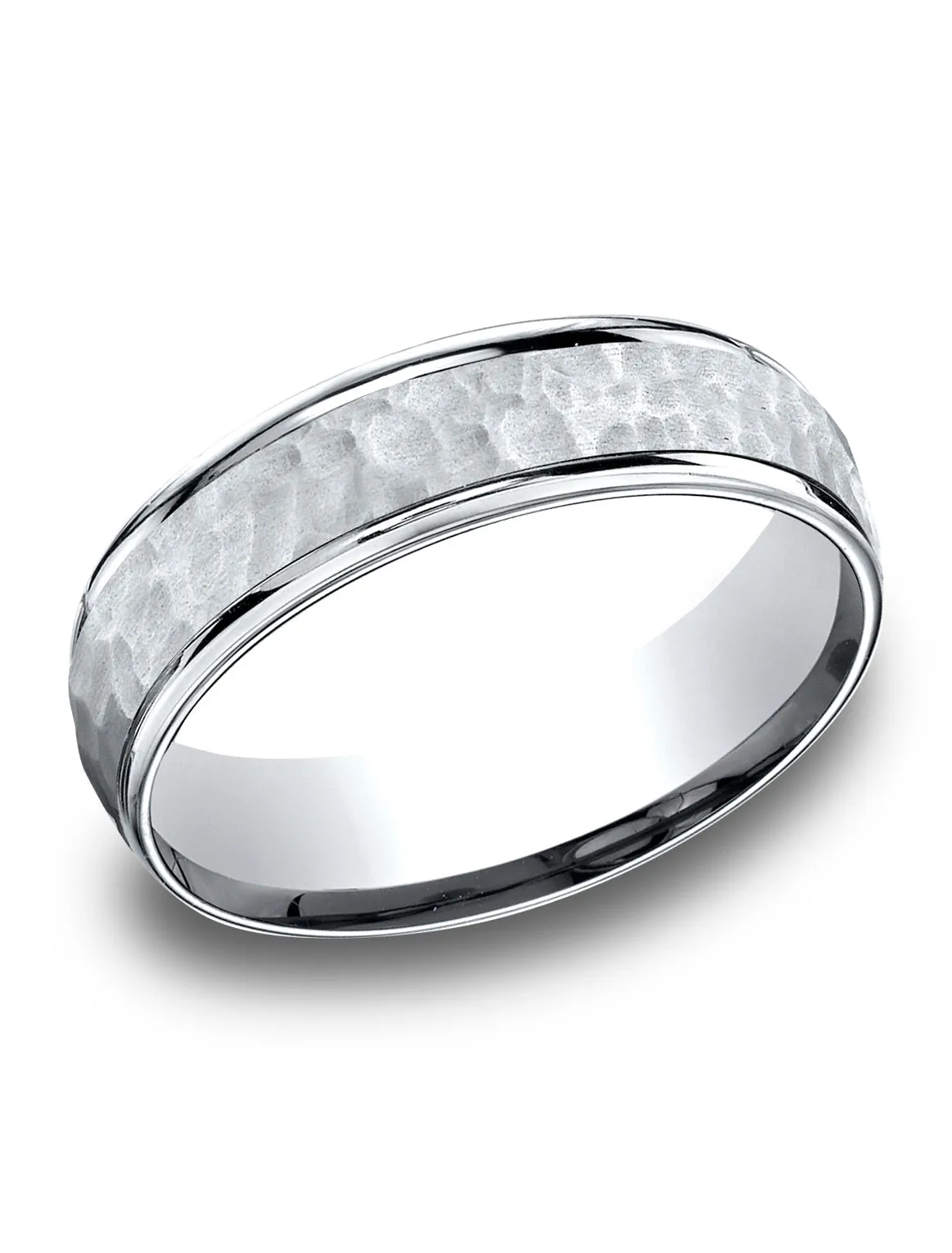 Benchmark 14k White Gold Comfort-Fit 6.5mm High Polish Edge Hammered Center Design Band, (Size 4-14)