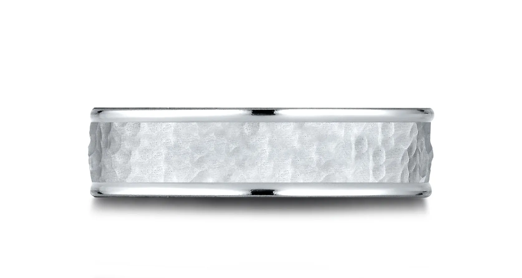 Benchmark 14k White Gold Comfort-Fit 6.5mm High Polish Edge Hammered Center Design Band, (Size 4-14)