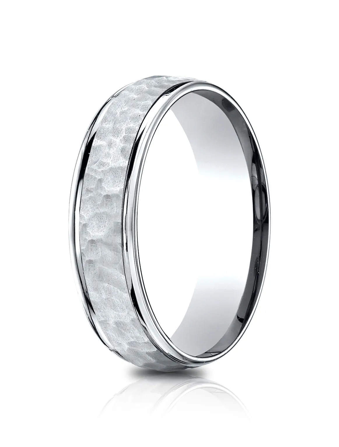 Benchmark 14k White Gold Comfort-Fit 6.5mm High Polish Edge Hammered Center Design Band, (Size 4-14)