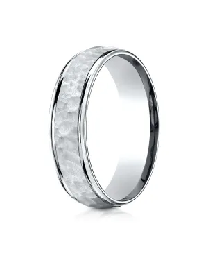 Benchmark 14K White Gold Comfort-Fit 6mm High Polish Edge Hammered Center Design Wedding Band Ring,.