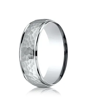 Benchmark 14k White Gold Comfort-Fit 7mm High Polish Edge Hammered Center Design Band, (Sizes 6-13)