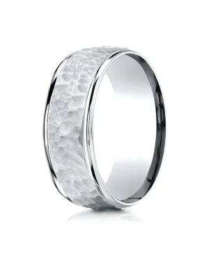 Benchmark 14K White Gold Comfort-Fit 8mm High Polish Edge Hammered Center Design Wedding Band Ring,.