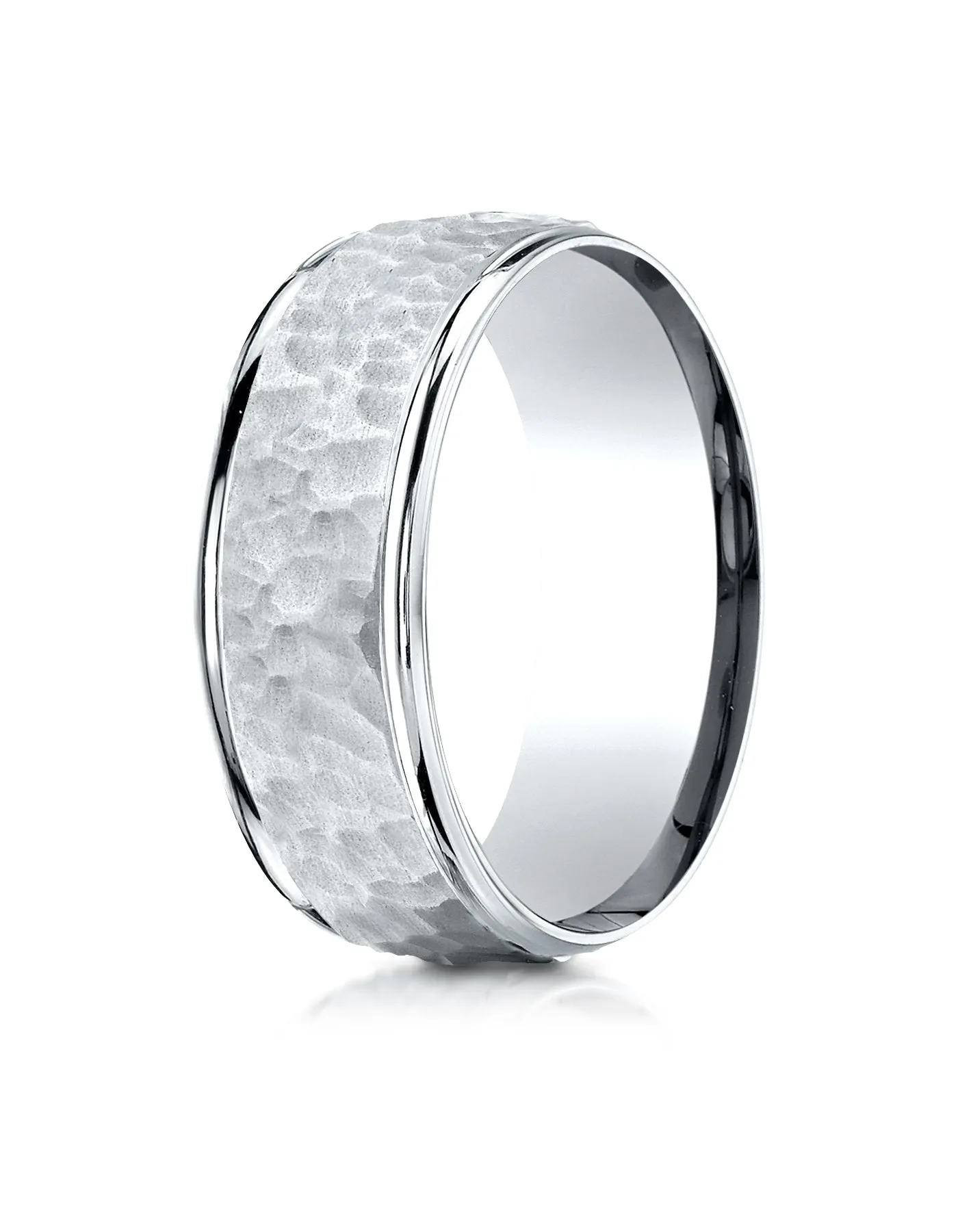 Benchmark 14K White Gold Comfort-Fit 8mm High Polish Edge Hammered Center Design Wedding Band Ring,.