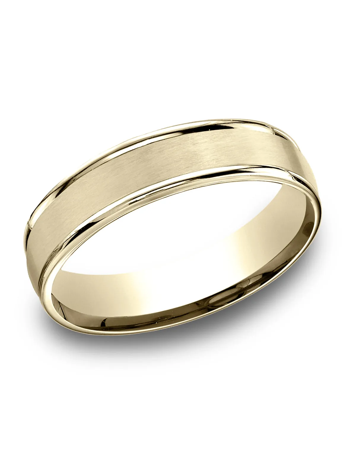 Benchmark 14k Yellow Gold 5mm Comfort-Fit Satin Finish, Polished Round Edge Carved Design Band