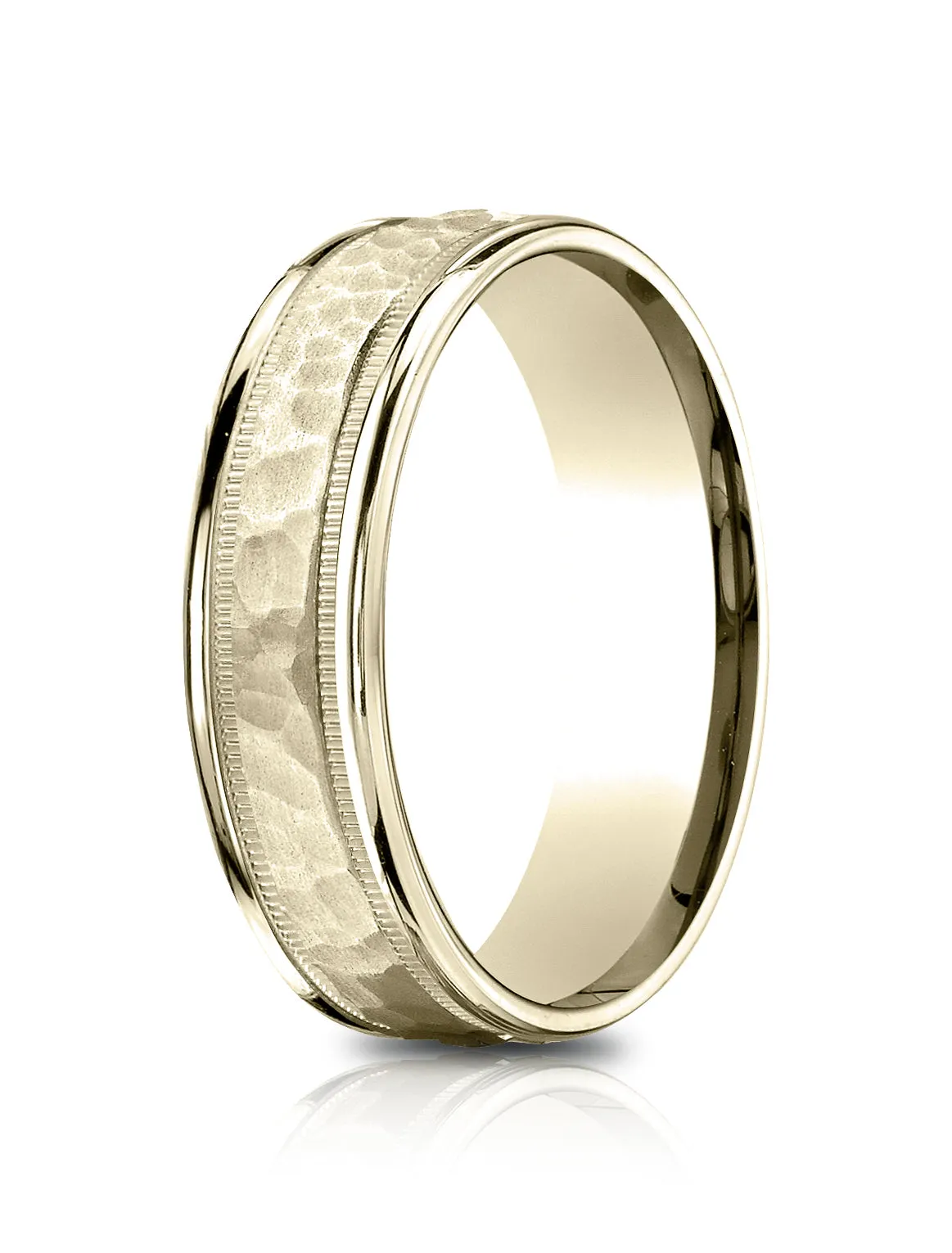 Benchmark 14K yellow Gold 6.5mm Comfort-Fit Hammered Center High Polish Round Edge Carved Design Band