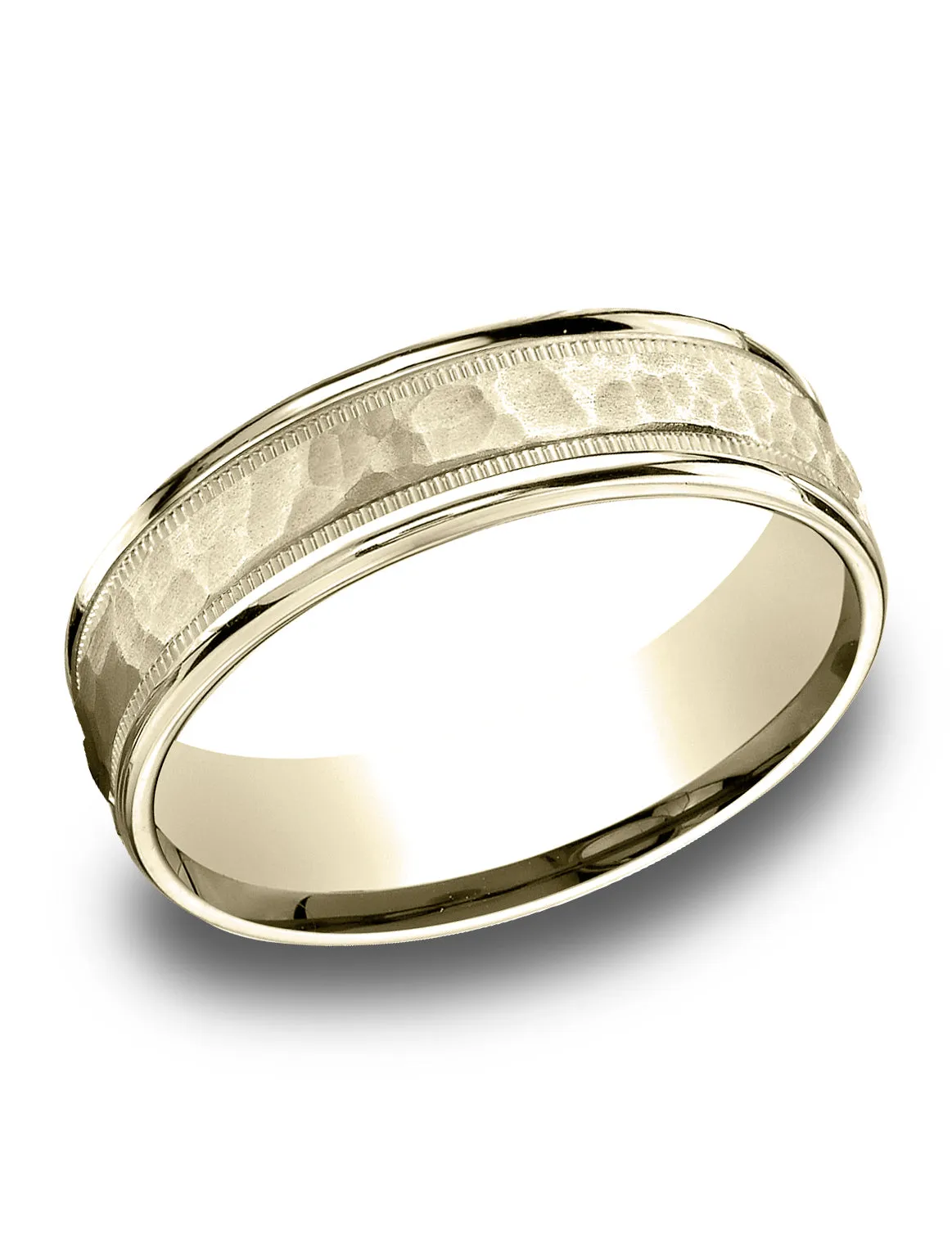 Benchmark 14K yellow Gold 6.5mm Comfort-Fit Hammered Center High Polish Round Edge Carved Design Band