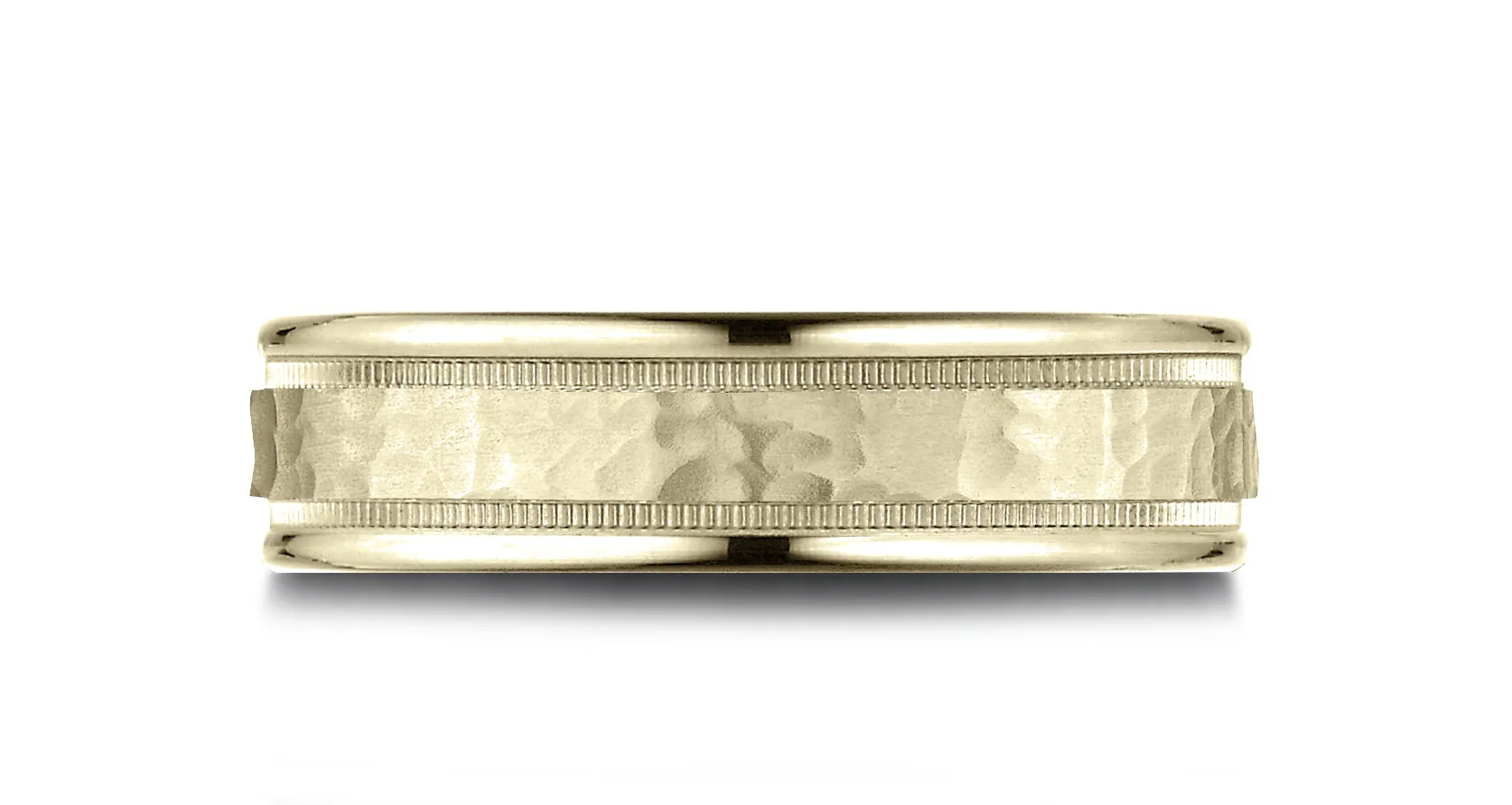 Benchmark 14K yellow Gold 6.5mm Comfort-Fit Hammered Center High Polish Round Edge Carved Design Band
