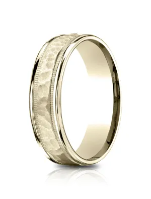 Benchmark 14K yellow Gold 6.5mm Comfort-Fit Hammered Center High Polish Round Edge Carved Design Band
