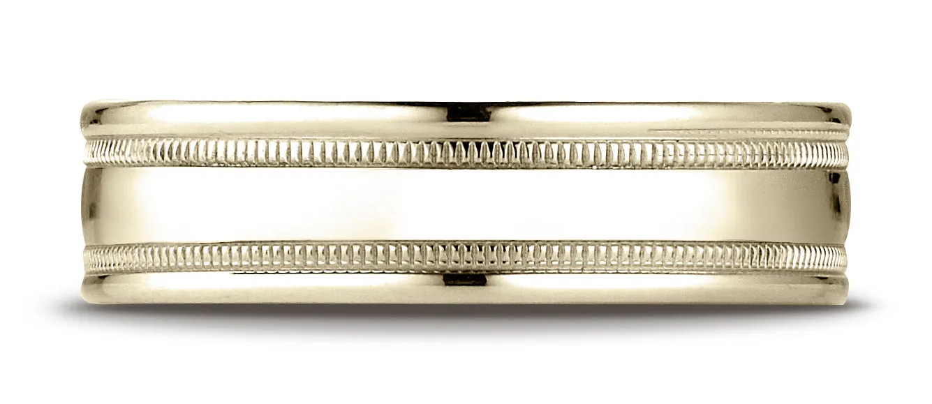 Benchmark 14k Yellow Gold 6.5mm Comfort-Fit, Polished with Milgrain Round Edge Carved Design Band
