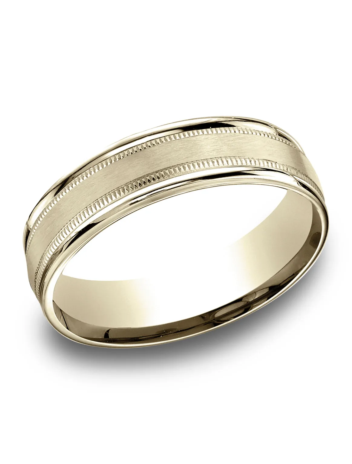 Benchmark 14k Yellow Gold 6.5mm Comfort-Fit Satin Finish Center w/ Milgrain Round Edge Carved Design Band