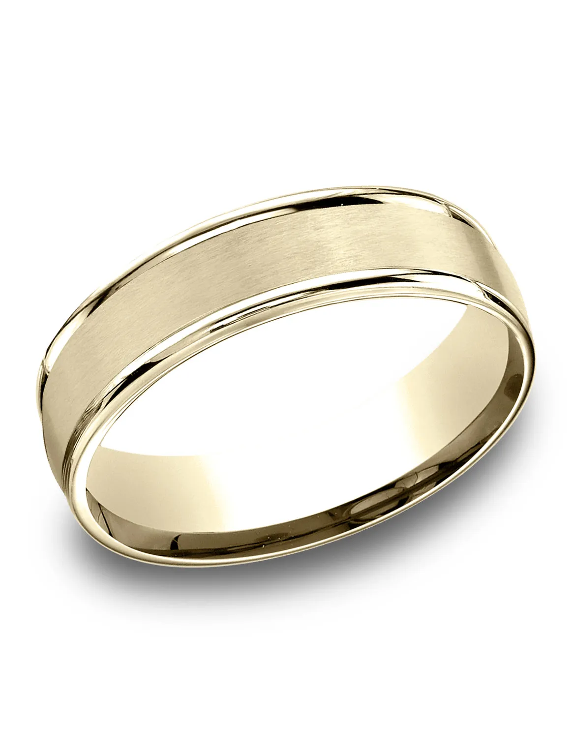 Benchmark 14k Yellow Gold 6.5mm Comfort-Fit Satin Finish, Polished Round Edge Carved Design Band