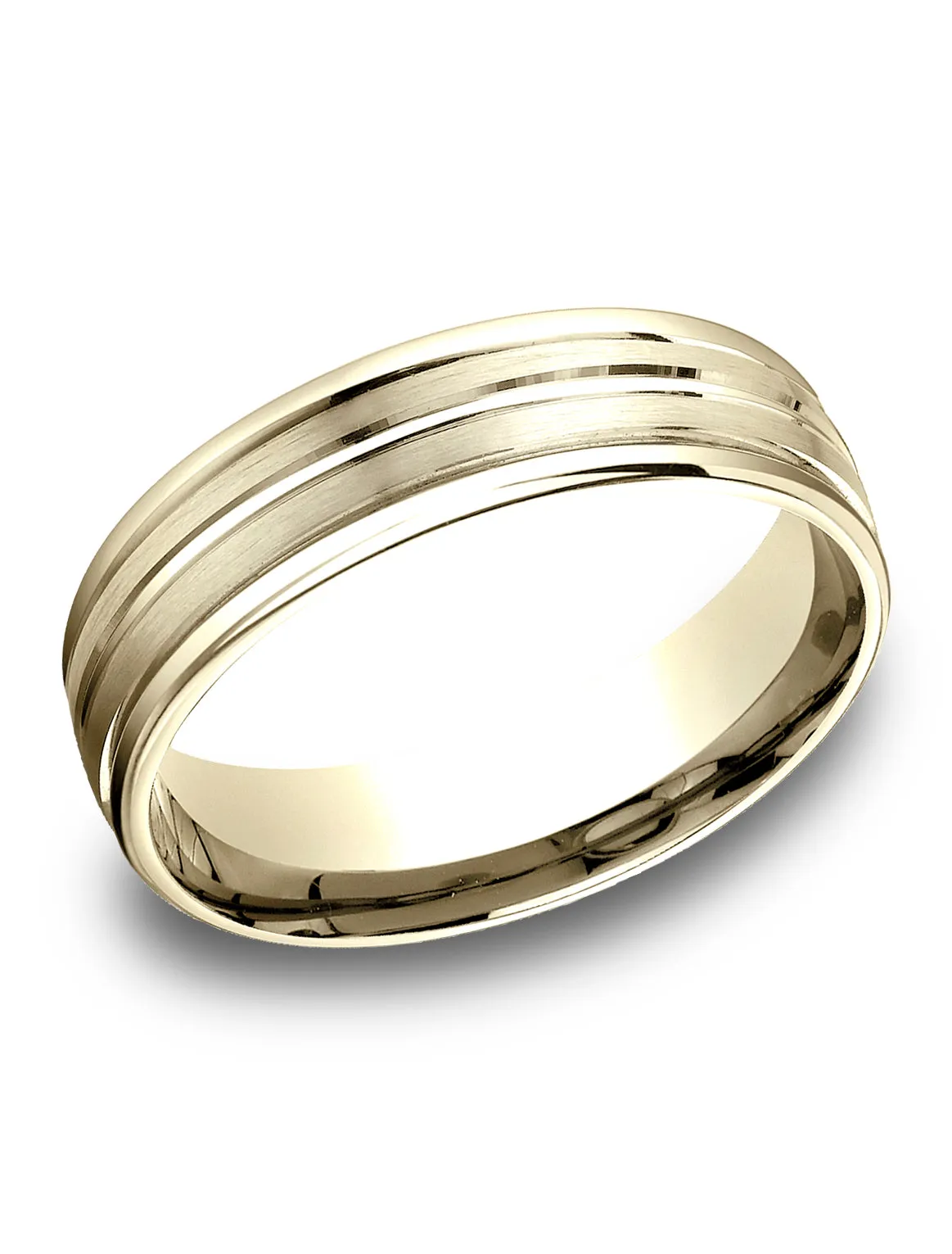Benchmark 14k Yellow Gold 6.5mm Comfort-Fit Satin-Finished Polished Center & Round Edge Carved Design Band