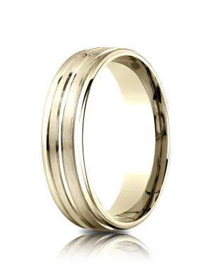 Benchmark 14k Yellow Gold 6.5mm Comfort-Fit Satin-Finished Polished Center & Round Edge Carved Design Band