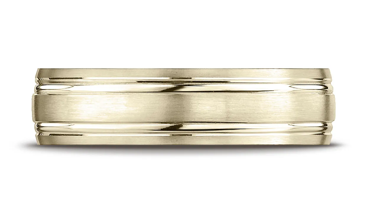 Benchmark 14K Yellow Gold 6.5mm Comfort-Fit Satin-Finished with Parallel Grooves Carved Design Band