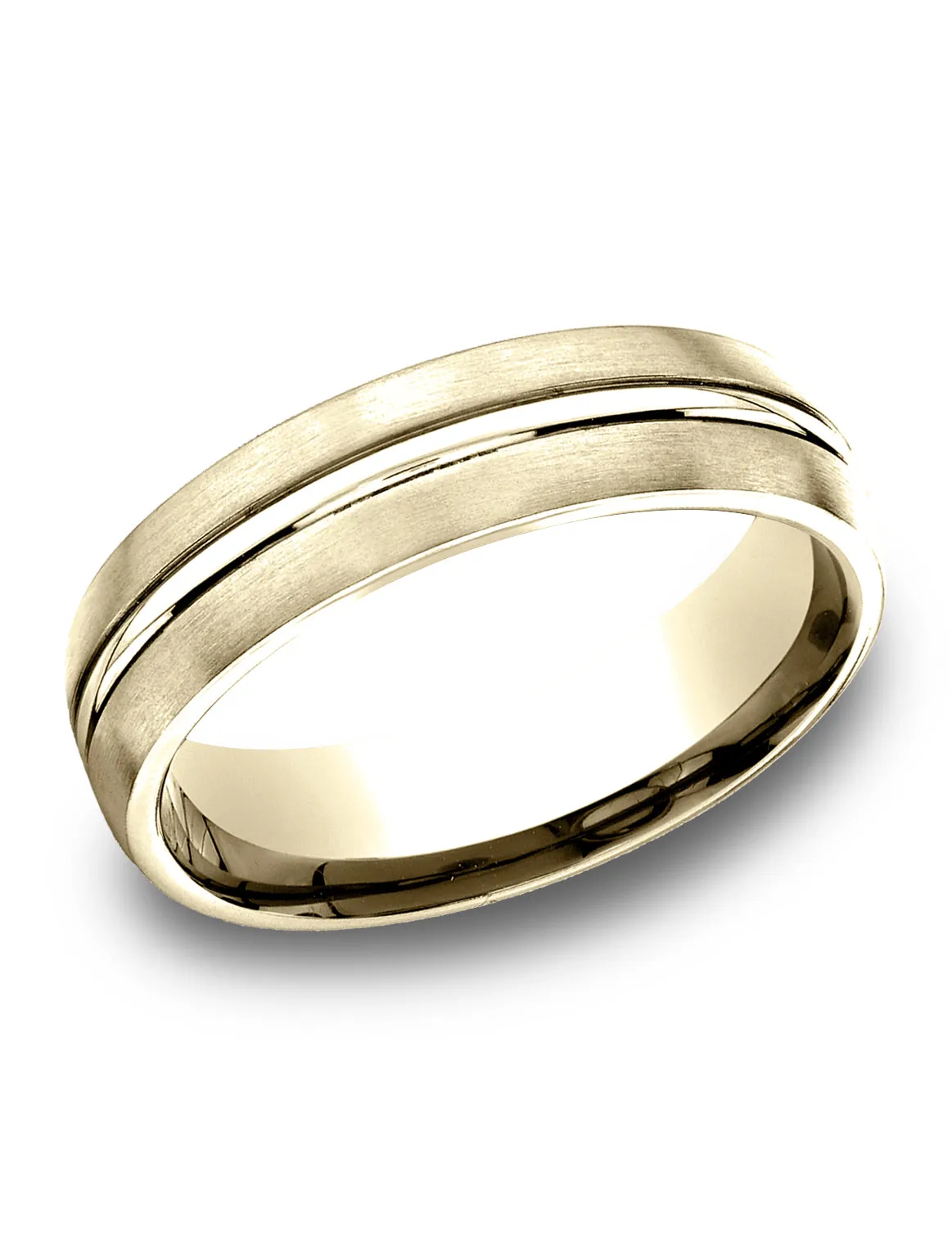 Benchmark 14k Yellow Gold 6.5mm Comfort-Fit Satin-Finished with, Polished Center Cut Carved Design Band