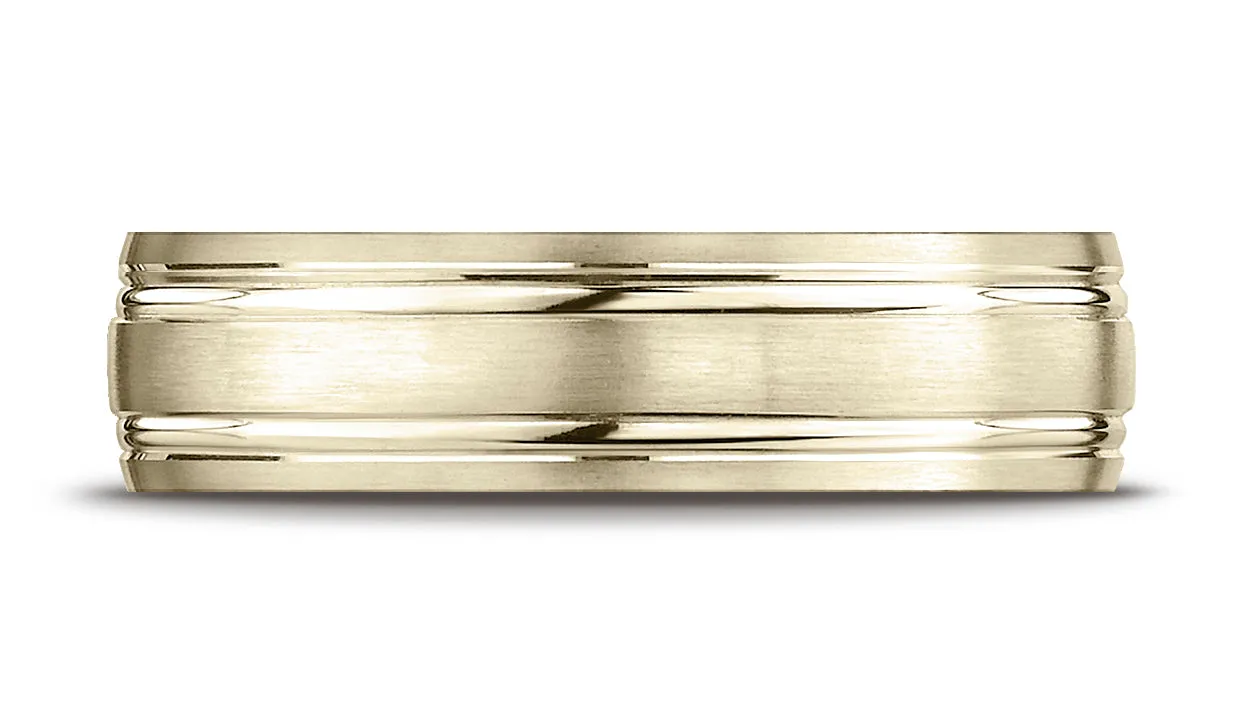 Benchmark 14K Yellow Gold 6mm Comfort-Fit Satin-Finished w/  Parallel Grooves Carved Design Wedding Band