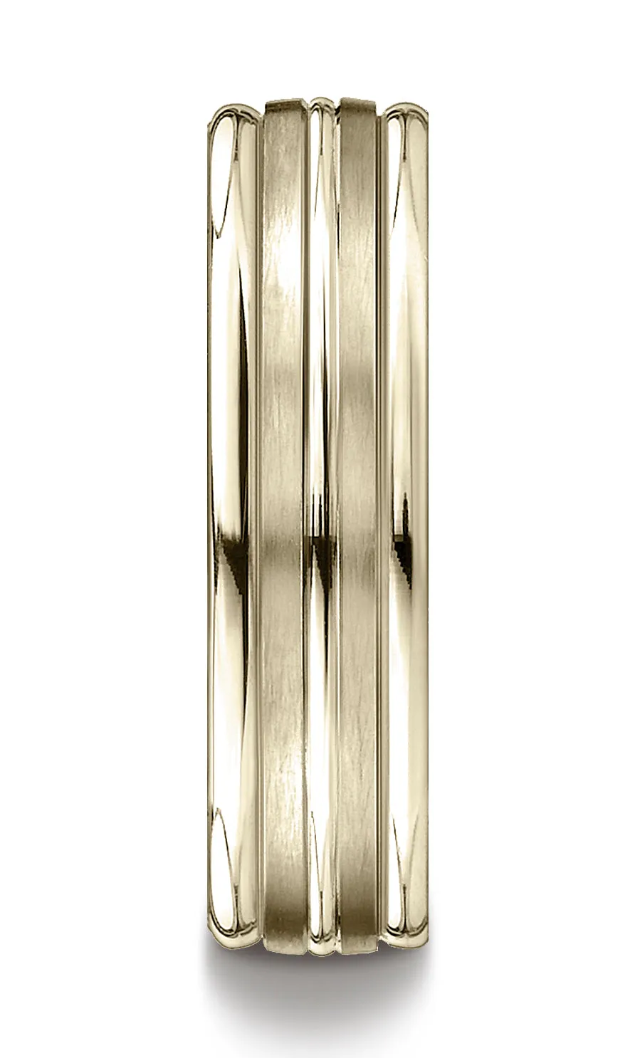 Benchmark 14K Yellow Gold 6mm Comfort-Fit with High Polish Center Trim and Round Edge Carved Design Ring